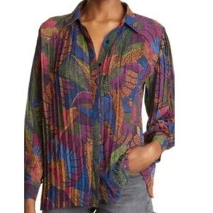 NWOT $195 Farm Rio Dotted Macaws Pleated Button-Up Shirt Blouse Size M